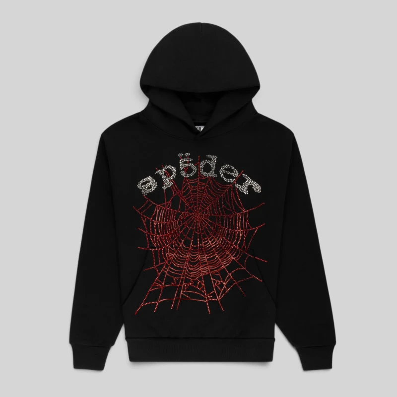 Sp5der Rhinestone OG Web V2 Hoodie Black Front View Front view of the Sp5der Rhinestone OG Web V2 Hoodie in black, featuring a sparkling red crystal spider web graphic.