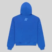 Back view of the blue Sp5der Rhinestone Punk V2 Hoodie featuring scattered star details on the hood and sleeves.