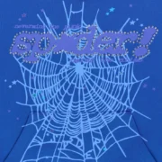 Close-up of the Sp5der Rhinestone Punk V2 Blue Hoodie featuring sparkling rhinestone branding and spiderweb graphics.