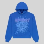 Front view of the blue Sp5der Rhinestone Punk V2 hoodie featuring a signature spiderweb graphic and rhinestone detail.