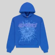 Front view of the blue Sp5der Rhinestone Punk V2 hoodie featuring a signature spiderweb graphic and rhinestone detail.