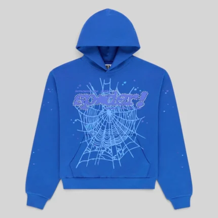Front view of the blue Sp5der Rhinestone Punk V2 hoodie featuring a signature spiderweb graphic and rhinestone detail.