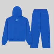 Back view of the Sp5der Rhinestone Punk V2 tracksuit in blue, featuring star graphics and signature branding details.