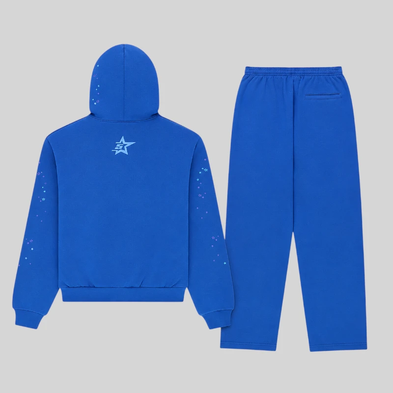 Back view of the Sp5der Rhinestone Punk V2 tracksuit in blue, featuring star graphics and signature branding details.