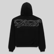 Back view of the black Sp5der Rhinestone Script full zip hoodie featuring detailed sparkling rhinestone graphics.