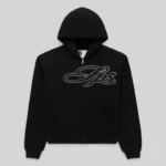 Front view of the Sp5der Rhinestone Script Full Zip Hoodie in black with sparkling rhinestone script graphic detail.