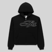 Front view of the Sp5der Rhinestone Script Full Zip Hoodie in black with sparkling rhinestone script graphic detail.