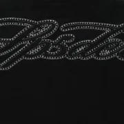 Close-up view of the black Sp5der Rhinestone Script Full Zip Hoodie featuring sparkling rhinestone script lettering.