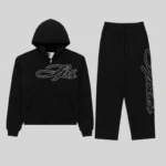 Front view of the Sp5der Rhinestone Script Full Zip Tracksuit in Black featuring a stylish hoodie and matching joggers