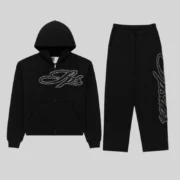 Front view of the Sp5der Rhinestone Script Full Zip Tracksuit in Black featuring a stylish hoodie and matching joggers