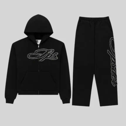 Front view of the Sp5der Rhinestone Script Full Zip Tracksuit in Black featuring a stylish hoodie and matching joggers
