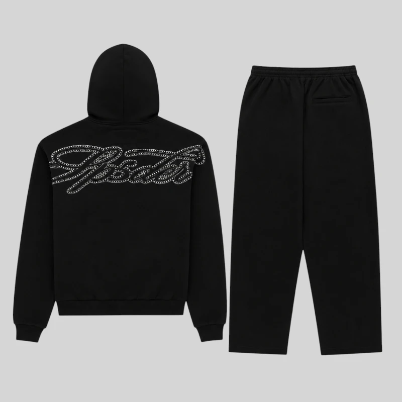 Back view of the Sp5der Rhinestone Script Full Zip Tracksuit in black, featuring rhinestone-embellished branding.