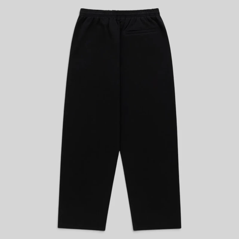 Back view of black Sp5der Rhinestone Script wide-leg sweatpants in premium 13oz cotton fleece for streetwear.