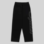 Front view of Sp5der Rhinestone Script sweatpants in black made from 13oz heavy cotton fleece with rhinestone detail.
