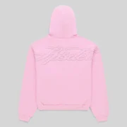 Back view of the Sp5der Rhinestone Script Zip Hoodie in light pink featuring a sparkling crystal script graphic design.