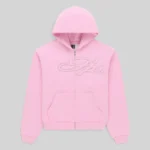 Sp5der light pink zip hoodie featuring a front rhinestone script logo made from heavyweight 13oz cotton fleece fabric.