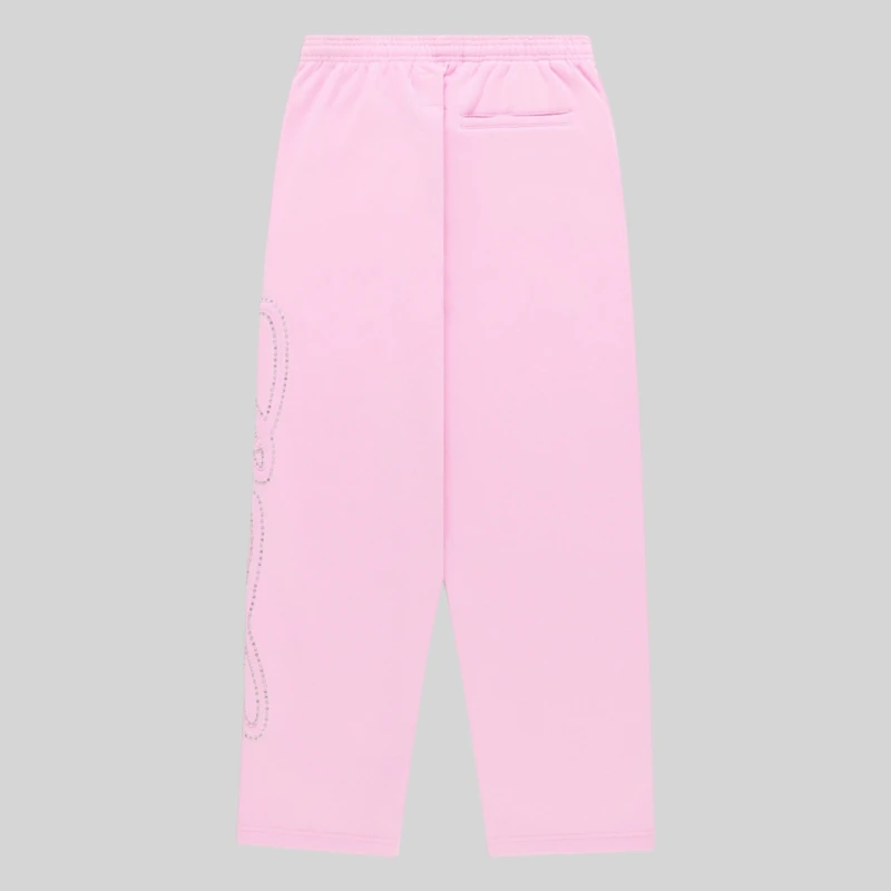Back view of Light Pink Sp5der Rhinestone Script wide leg sweatpants made from 13oz premium cotton fleece material.