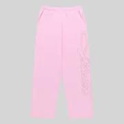 Sp5der Light Pink Rhinestone Script Wide Leg Sweatpants featuring premium 13oz cotton fleece and sparkling detailing.