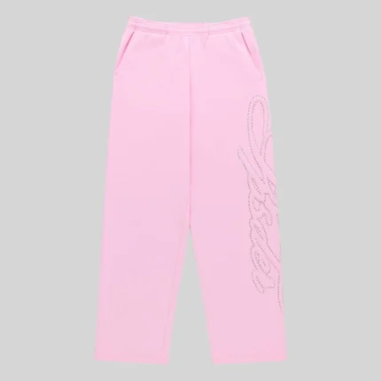Sp5der Light Pink Rhinestone Script Wide Leg Sweatpants featuring premium 13oz cotton fleece and sparkling detailing.