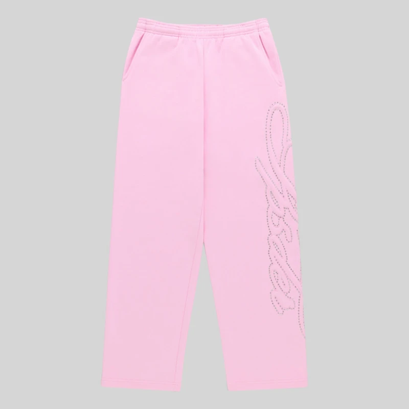 Sp5der Light Pink Rhinestone Script Wide Leg Sweatpants featuring premium 13oz cotton fleece and sparkling detailing.