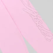Close up of light pink Sp5der sweatpants featuring signature script text detailed with sparkling rhinestones.