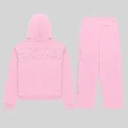 Back view of the Light Pink Sp5der Rhinestone Script Zip Tracksuit, showcasing the premium heavyweight cotton fleece.