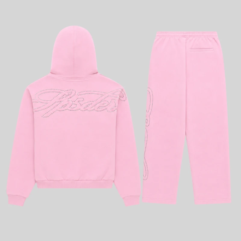 Back view of the Light Pink Sp5der Rhinestone Script Zip Tracksuit, showcasing the premium heavyweight cotton fleece.