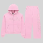 Front view of the Sp5der Rhinestone Script Zip Tracksuit in Light Pink featuring sparkling rhinestone logo details.