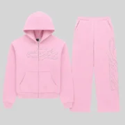 Front view of the Sp5der Rhinestone Script Zip Tracksuit in Light Pink featuring sparkling rhinestone logo details.