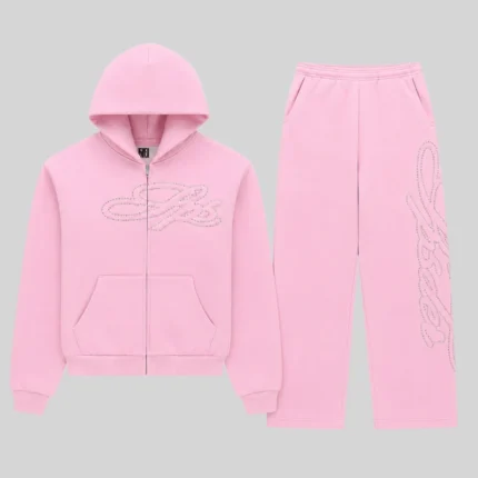 Front view of the Sp5der Rhinestone Script Zip Tracksuit in Light Pink featuring sparkling rhinestone logo details.