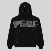 Back view of the black Sp5der Rhinestone Silk Hoodie featuring intricate crystal detailing and premium cotton fleece.