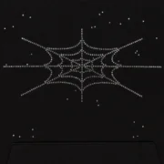 Close-up view of the black Sp5der Rhinestone Silk Hoodie featuring an intricate and sparkling web-inspired graphic.