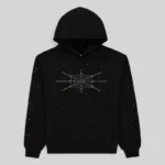 Front view of the black Sp5der Rhinestone Silk Hoodie featuring a central web graphic made of light-catching rhinestones.