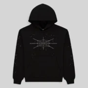 Front view of the black Sp5der Rhinestone Silk Hoodie featuring a central web graphic made of light-catching rhinestones.