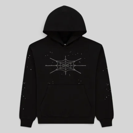 Front view of the black Sp5der Rhinestone Silk Hoodie featuring a central web graphic made of light-catching rhinestones.