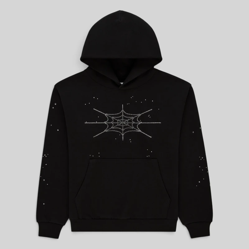 Sp5der Rhinestone Silk Hoodie Black Front View Front view of the black Sp5der Rhinestone Silk Hoodie featuring a central web graphic made of light-catching rhinestones.