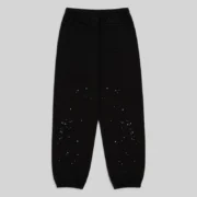 Back view of black Sp5der Rhinestone Silk Sweatpants made from premium 13oz cotton fleece with scattered rhinestones.