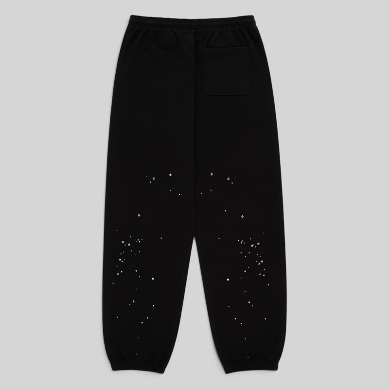 Back view of black Sp5der Rhinestone Silk Sweatpants made from premium 13oz cotton fleece with scattered rhinestones.