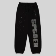 Front view of black Sp5der rhinestone silk sweatpants with branded detailing and scattered crystal accents