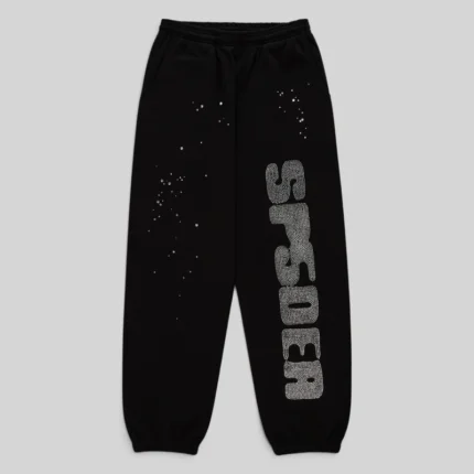 Front view of black Sp5der rhinestone silk sweatpants with branded detailing and scattered crystal accents