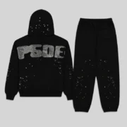 Back view of the black Sp5der Rhinestone Silk Tracksuit featuring sparkling rhinestone graphics on hoodie and pants.