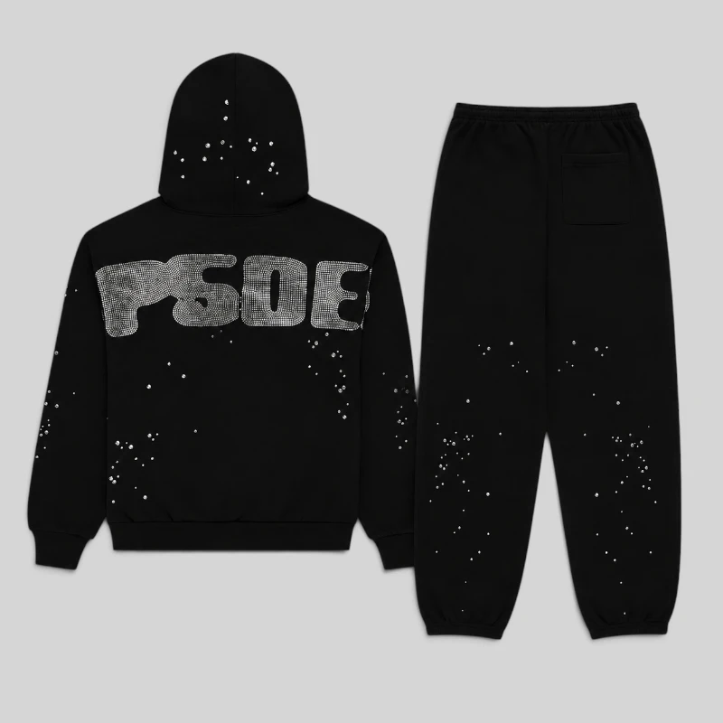 Back view of the black Sp5der Rhinestone Silk Tracksuit featuring sparkling rhinestone graphics on hoodie and pants.