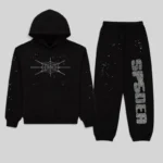 Front view of the black Sp5der Rhinestone Silk Tracksuit featuring a signature web graphic and rhinestone logo.