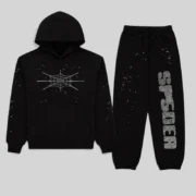 Front view of the black Sp5der Rhinestone Silk Tracksuit featuring a signature web graphic and rhinestone logo.