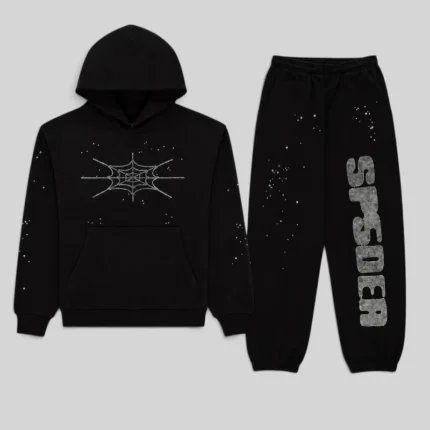 Front view of the black Sp5der Rhinestone Silk Tracksuit featuring a signature web graphic and rhinestone logo.