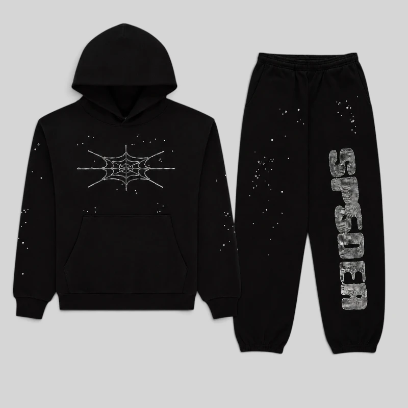 Front view of the black Sp5der Rhinestone Silk Tracksuit featuring a signature web graphic and rhinestone logo.