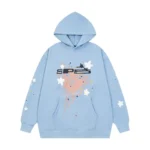 Front view of the Sp5der SP5 Bellini Hoodie in baby blue featuring a graphic print and a relaxed, unisex fit.