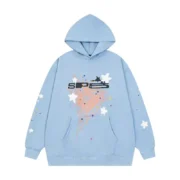 Front view of the Sp5der SP5 Bellini Hoodie in baby blue featuring a graphic print and a relaxed, unisex fit.