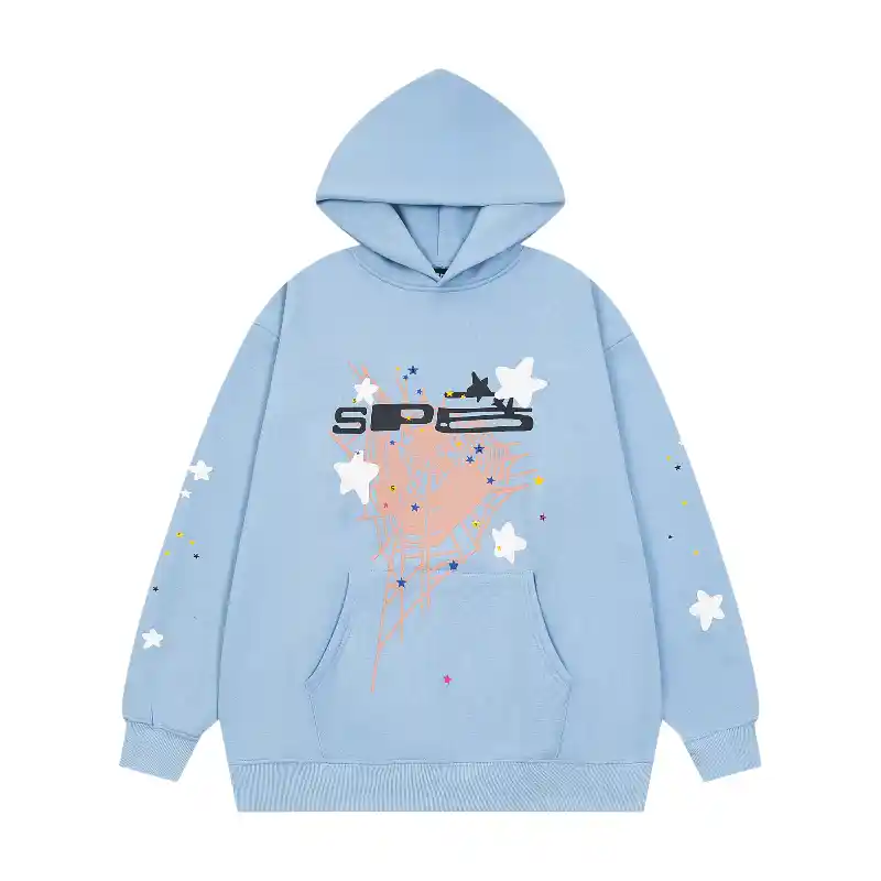 Sp5der SP5 Bellini Hoodie Baby Blue Front View Front view of the Sp5der SP5 Bellini Hoodie in baby blue featuring a graphic print and a relaxed, unisex fit.