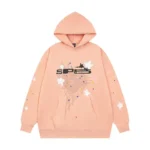 Front view of the Sp5der SP5 Bellini Hoodie in baby pink with a signature graphic print and comfortable loose fit.